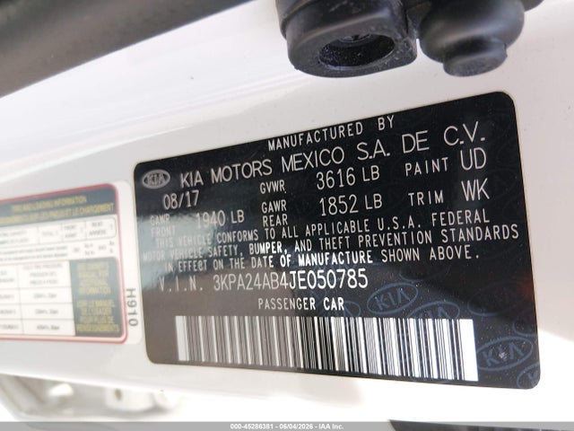 2018 Kia Rio S მანქანა იყიდება აუქციონზე, vin: 3KPA24AB4JE050785, აუქციონის ნომერი: 45286381