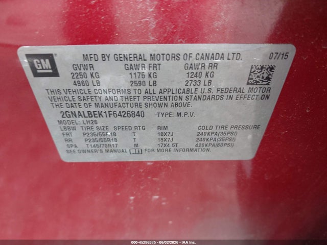 45286385 :رقم المزاد ، 2GNALBEK1F6426840 vin ، 2015 Chevrolet Equinox 1lt مزاد بيع