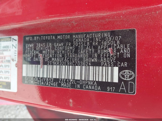 45286402 :رقم المزاد ، 2T1KR32E98C703624 vin ، 2008 Toyota Corolla Matrix Matrix/xr مزاد بيع