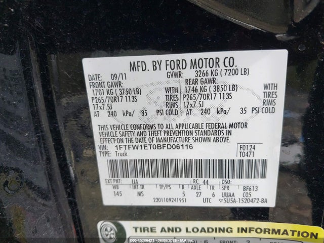 Продаж на аукціоні авто 2011 Ford F-150 Xlt, vin: 1FTFW1ET0BFD06116, номер лоту: 45286421