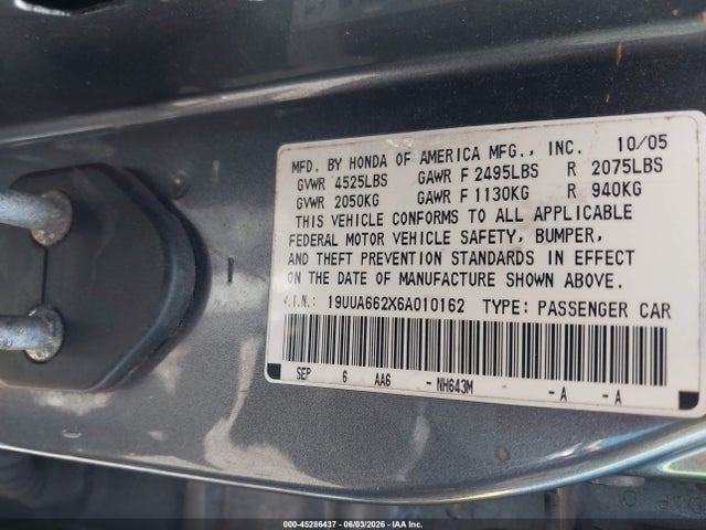 Продажа на аукционе авто 2006 Acura Tl, vin: 19UUA662X6A010162, номер лота: 45286437