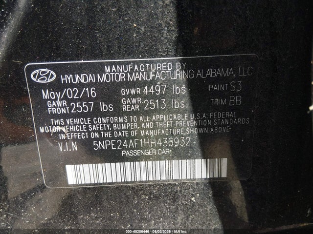 Продаж на аукціоні авто 2017 Hyundai Sonata Se, vin: 5NPE24AF1HH436932, номер лоту: 45286446