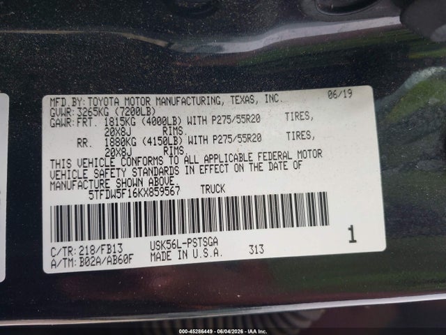 5TFDW5F16KX859567 Toyota Tundra Sr5 5.7l V8