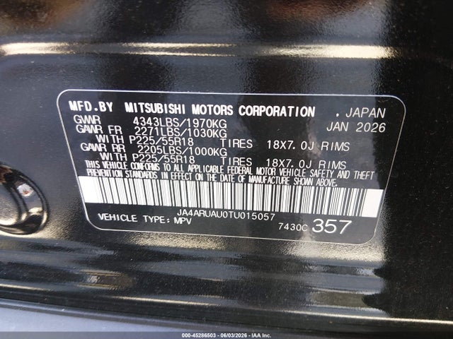Продажа на аукционе авто 2026 Mitsubishi Outlander Sport 2.0 Es/2.0 Le/2.0 Ralliart/2.0 S/2.0 Se/2.0 Trail Edition, vin: JA4ARUAU0TU015057, номер лота: 45286503