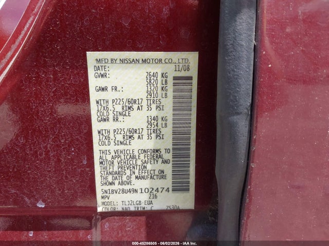 45286505 :رقم المزاد ، 5N1BV28U49N102474 vin ، 2009 Nissan Quest 3.5 Se مزاد بيع