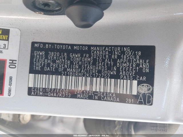 45286507 :رقم المزاد ، 2T1BURHE2KC172752 vin ، 2019 Toyota Corolla Se مزاد بيع