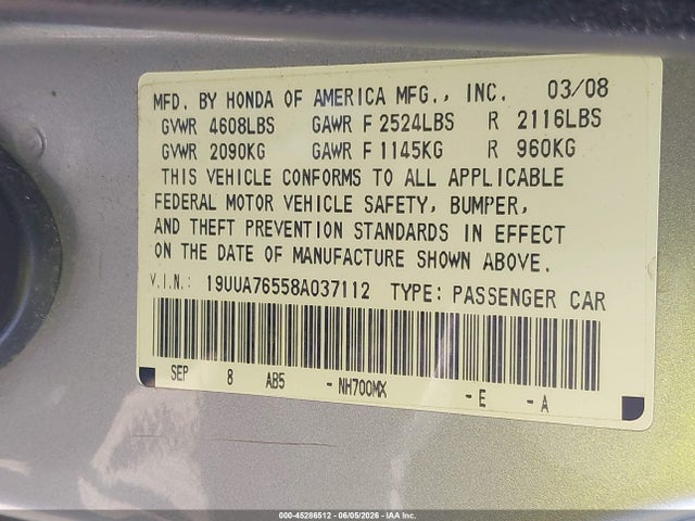Продаж на аукціоні авто 2008 Acura Tl Type S, vin: 19UUA76558A037112, номер лоту: 45286512