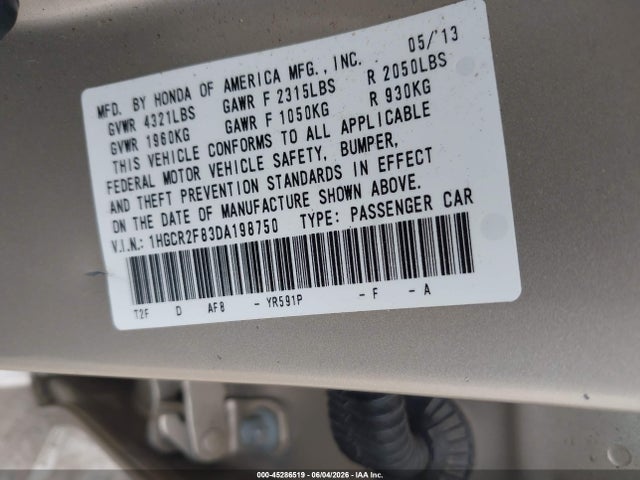Aukcja sprzedaży 2013 Honda Accord Ex-l, vin: 1HGCR2F83DA198750, numer aukcji: 45286519