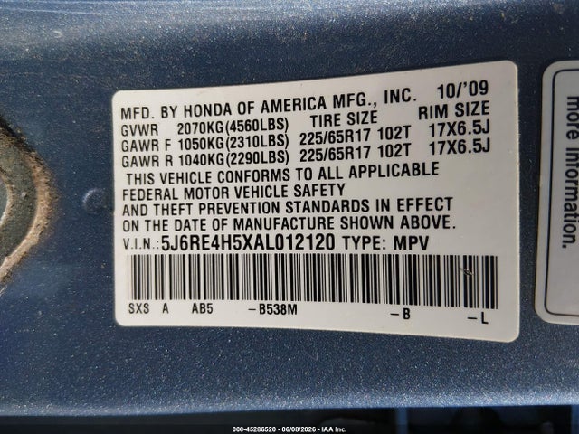 2010 Honda Cr-v Ex მანქანა იყიდება აუქციონზე, vin: 5J6RE4H5XAL012120, აუქციონის ნომერი: 45286520