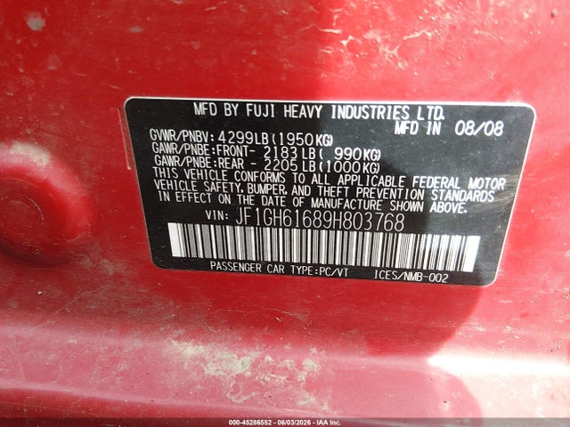 Продаж на аукціоні авто 2009 Subaru Impreza 2.5i, vin: JF1GH61689H803768, номер лоту: 45286552