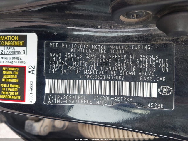 2011 Toyota Avalon Limited მანქანა იყიდება აუქციონზე, vin: 4T1BK3DB3BU437062, აუქციონის ნომერი: 45286587
