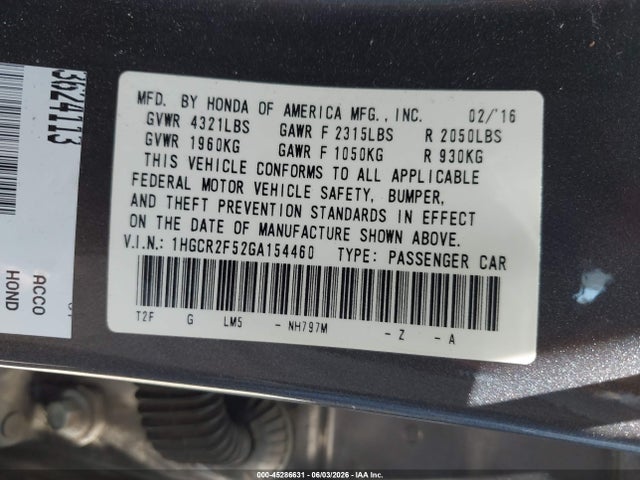 1HGCR2F52GA154460 Honda Accord Sport