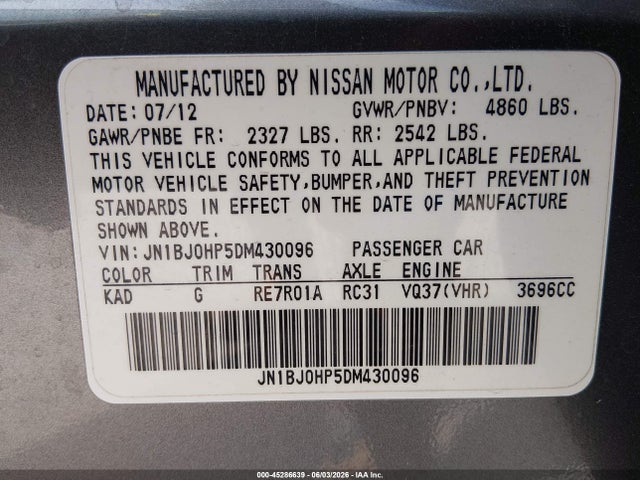 45286639 :رقم المزاد ، JN1BJ0HP5DM430096 vin ، 2013 Infiniti Ex37 Journey مزاد بيع