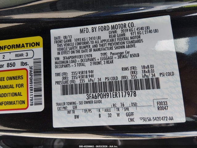 45286663 :رقم المزاد ، 3FA6P0H91ER117978 vin ، 2014 Ford Fusion Se مزاد بيع