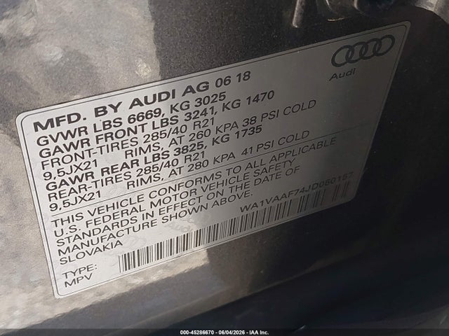 Продажа на аукционе авто 2018 Audi Q7 3.0t Premium, vin: WA1VAAF74JD050157, номер лота: 45286670
