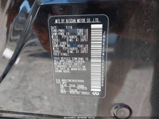 45286672 :رقم المزاد ، JN8AZ2NE0K9226956 vin ، 2019 Infiniti Qx80 Luxe مزاد بيع