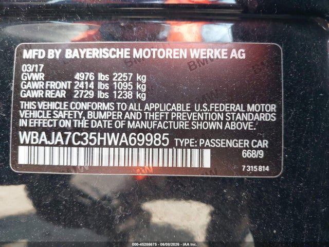 45286675 :رقم المزاد ، WBAJA7C35HWA69985 vin ، 2017 Bmw 530i Xdrive مزاد بيع