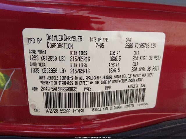 2006 Chrysler Town & Country Touring მანქანა იყიდება აუქციონზე, vin: 2A4GP54L96R609835, აუქციონის ნომერი: 45286688