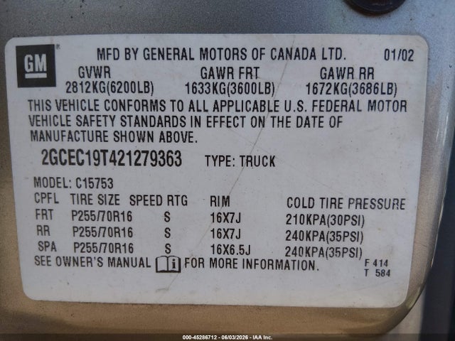 Aukcja sprzedaży 2002 Chevrolet Silverado 1500 Ls, vin: 2GCEC19T421279363, numer aukcji: 45286712