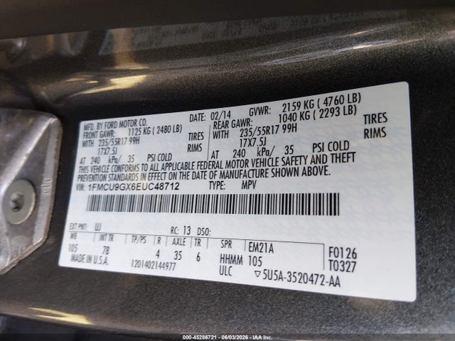 Продаж на аукціоні авто 2014 Ford Escape Se, vin: 1FMCU9GX6EUC48712, номер лоту: 45286721