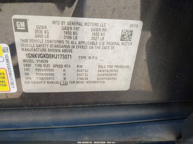 Продаж на аукціоні авто 2017 Chevrolet Traverse 1lt, vin: 1GNKVGKD8HJ173071, номер лоту: 45286743