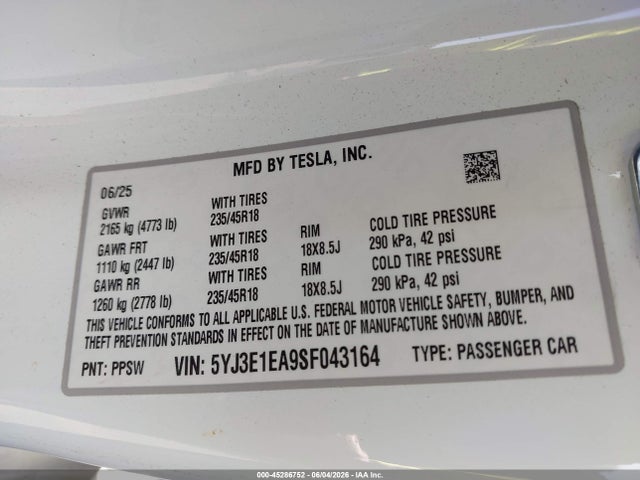 Продажа на аукционе авто 2025 Tesla Model 3 Long Range Rear-wheel Drive/standard Rear-wheel Drive, vin: 5YJ3E1EA9SF043164, номер лота: 45286752