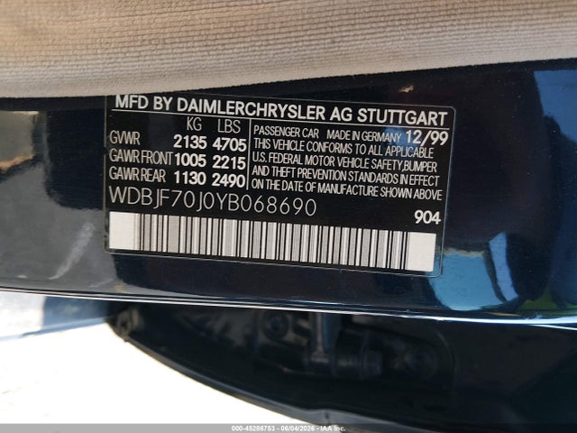 2000 Mercedes-benz E 430 მანქანა იყიდება აუქციონზე, vin: WDBJF70J0YB068690, აუქციონის ნომერი: 45286753