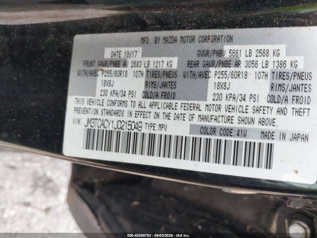 Aukcja sprzedaży 2018 Mazda Cx-9 Touring, vin: JM3TCACY1J0215049, numer aukcji: 45286783