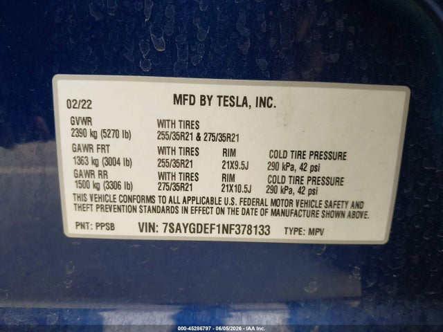 2022 Tesla Model Y Performance Dual Motor All-wheel Drive მანქანა იყიდება აუქციონზე, vin: 7SAYGDEF1NF378133, აუქციონის ნომერი: 45286797