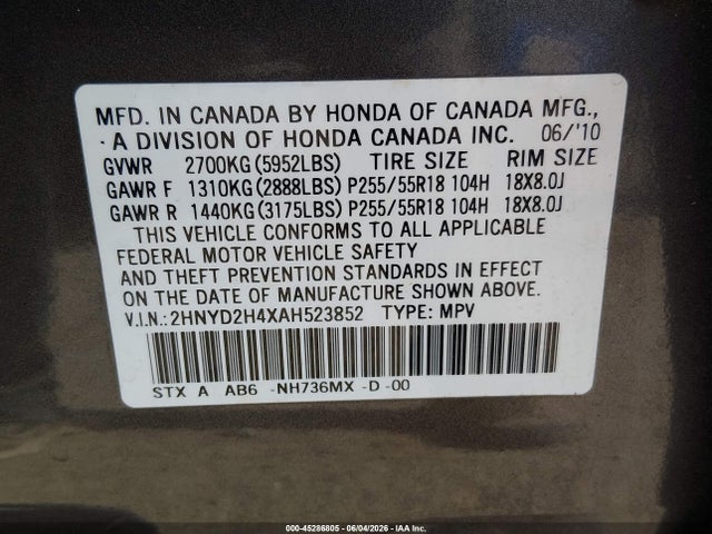 Aukcja sprzedaży 2010 Acura Mdx Technology Package, vin: 2HNYD2H4XAH523852, numer aukcji: 45286805