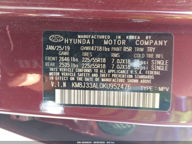 Продаж на аукціоні авто 2019 Hyundai Tucson Sel, vin: KM8J33AL0KU952476, номер лоту: 45286830