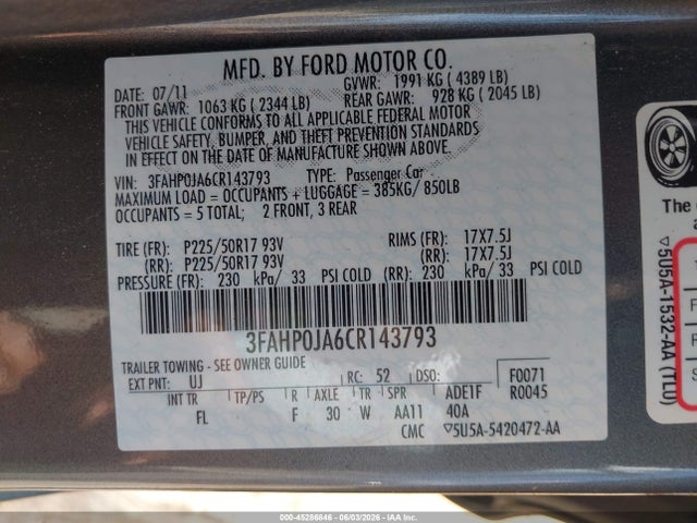 45286846 :رقم المزاد ، 3FAHP0JA6CR143793 vin ، 2012 Ford Fusion Sel مزاد بيع