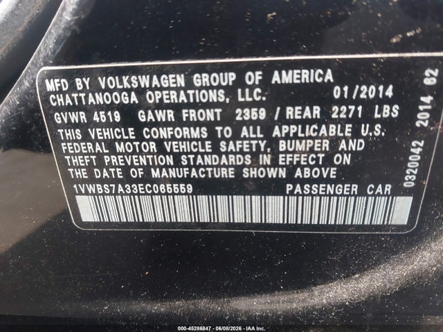 Aukcja sprzedaży 2014 Volkswagen Passat 1.8t Se, vin: 1VWBS7A33EC065559, numer aukcji: 45286847