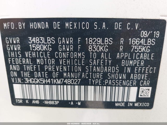 3HGGK5H41KM748027 Honda FIT LX