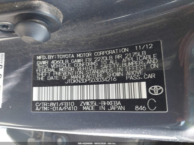 45286856 :رقم المزاد ، JTDKN3DP5D3034216 vin ، 2013 Toyota Prius Plug-in مزاد بيع