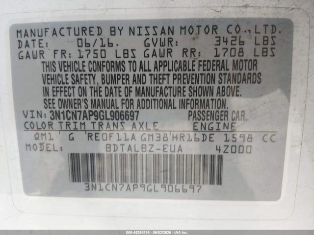 45286898 :رقم المزاد ، 3N1CN7AP9GL906697 vin ، 2016 Nissan Versa 1.6 Sv مزاد بيع