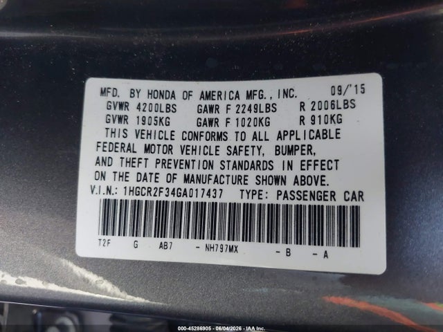 Honda ACCORD LX 2016 1HGCR2F34GA017437 Image 9