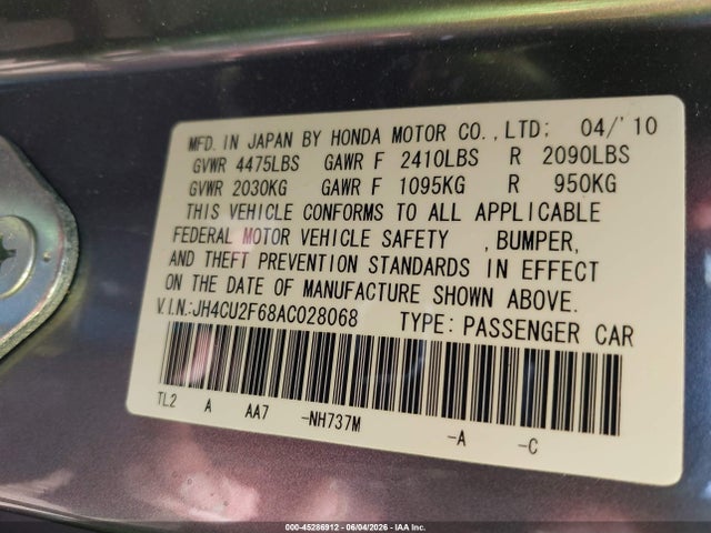 2010 Acura Tsx 2.4 მანქანა იყიდება აუქციონზე, vin: JH4CU2F68AC028068, აუქციონის ნომერი: 45286912