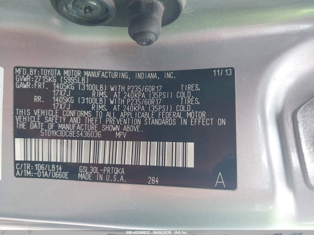 Aukcja sprzedaży 2014 Toyota Sienna Xle V6 8 Passenger, vin: 5TDYK3DC8ES436036, numer aukcji: 45286922