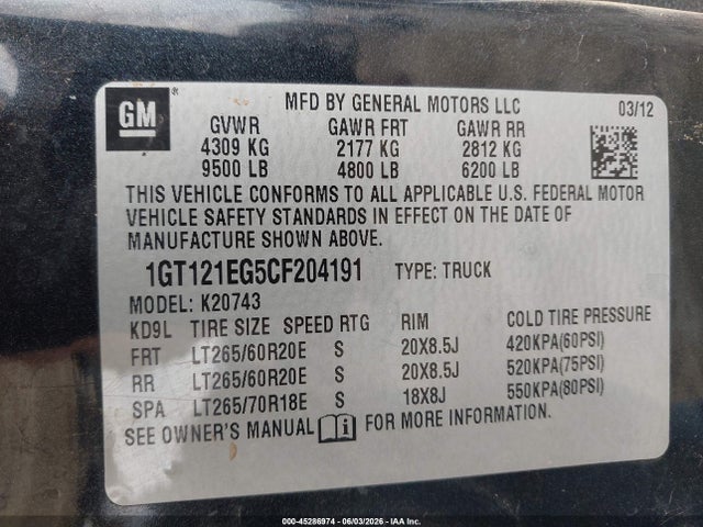 Продаж на аукціоні авто 2012 Gmc Sierra 2500hd Slt, vin: 1GT121EG5CF204191, номер лоту: 45286974