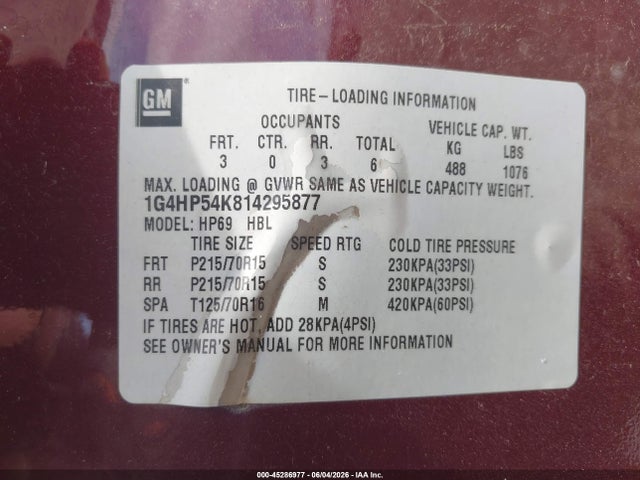 45286977 :رقم المزاد ، 1G4HP54K814295877 vin ، 2001 Buick Lesabre Custom مزاد بيع