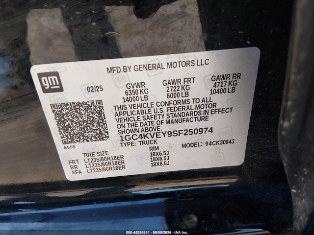 45286981 :رقم المزاد ، 1GC4KVEY9SF250974 vin ، 2025 Chevrolet Silverado 3500hd 4wd  Long Bed High Country مزاد بيع