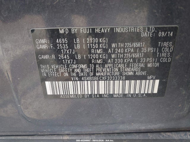 Продажа на аукционе авто 2015 Subaru Outback 2.5i Premium, vin: 4S4BSBECXF3233338, номер лота: 45286997