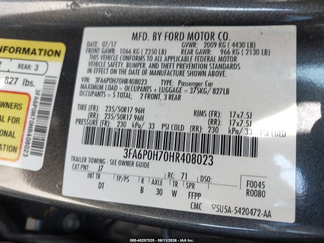 Ford FUSION SE 2017 3FA6P0H70HR408023 Image 9