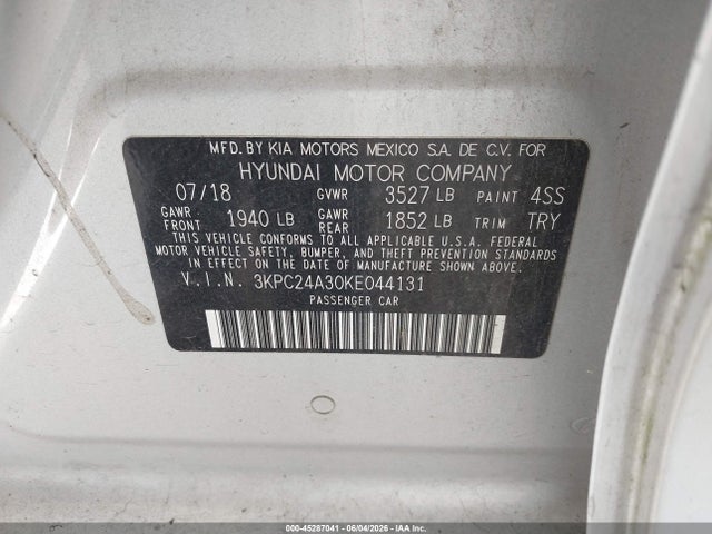 2019 Hyundai Accent Se მანქანა იყიდება აუქციონზე, vin: 3KPC24A30KE044131, აუქციონის ნომერი: 45287041