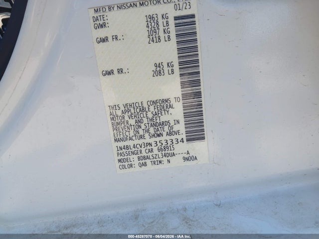 Продажа на аукционе авто 2023 Nissan Altima Sr Fwd, vin: 1N4BL4CV3PN353334, номер лота: 45287070