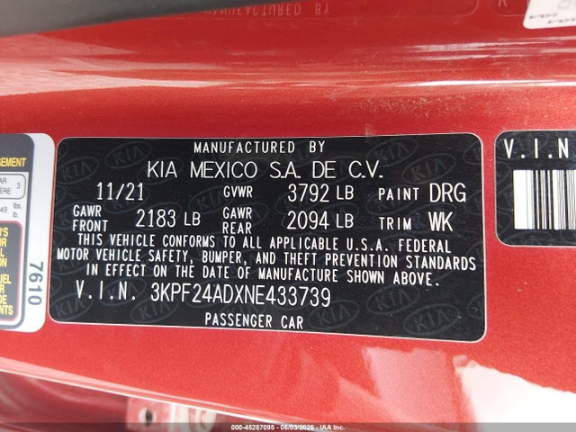 Продаж на аукціоні авто 2022 Kia Forte Lxs, vin: 3KPF24ADXNE433739, номер лоту: 45287095