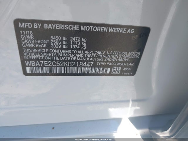 45287102 :رقم المزاد ، WBA7E2C52KB218447 vin ، 2019 Bmw 740i مزاد بيع