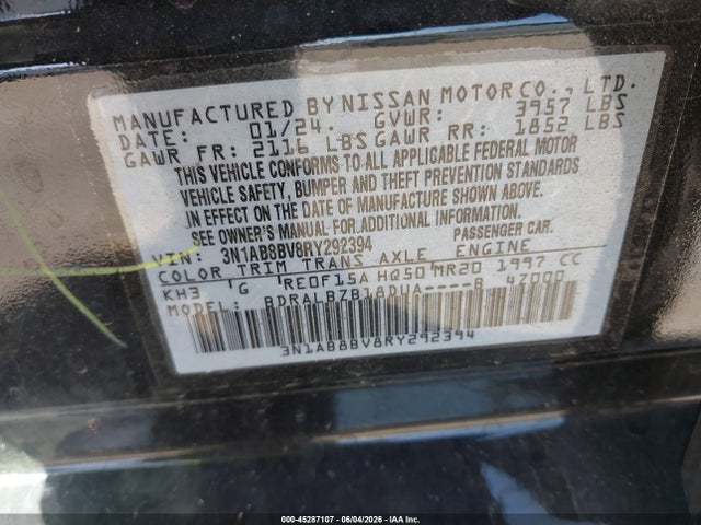 3N1AB8BV8RY292394 Nissan Sentra S Xtronic Cvt