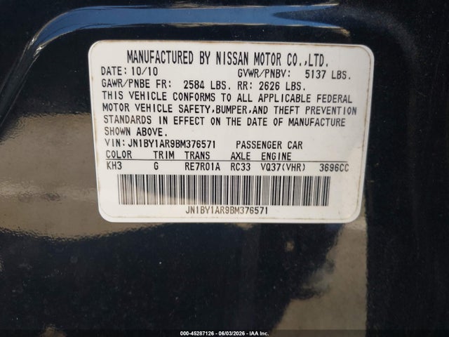 Aukcja sprzedaży 2011 Infiniti M37x, vin: JN1BY1AR9BM376571, numer aukcji: 45287126